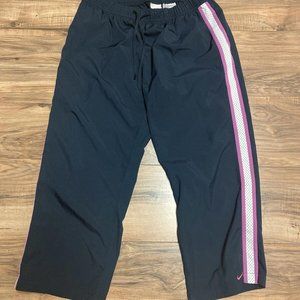 Vintage Nike Track Pants Womens Large Black Wide Leg Cropped Capri Pink Striped